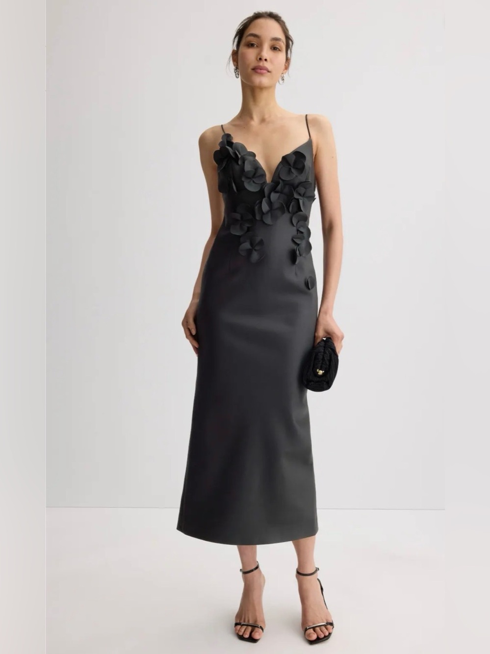 Acler Isla Column Midi Dress Black Floral Appliqué Slip Dress size US 4